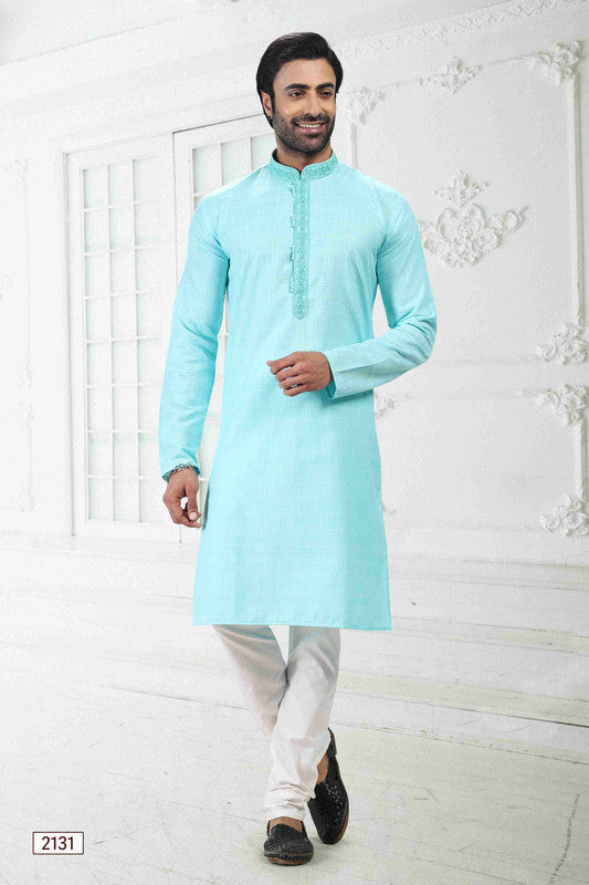 Men's Sky Blue Linen Cotton Thread Work Collar Neck Pajama Set