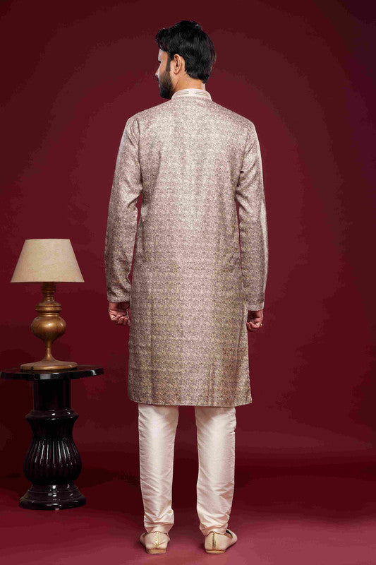 Men's Art Silk Digital Print Pintux Work Kurta Pajama In Brown Colour