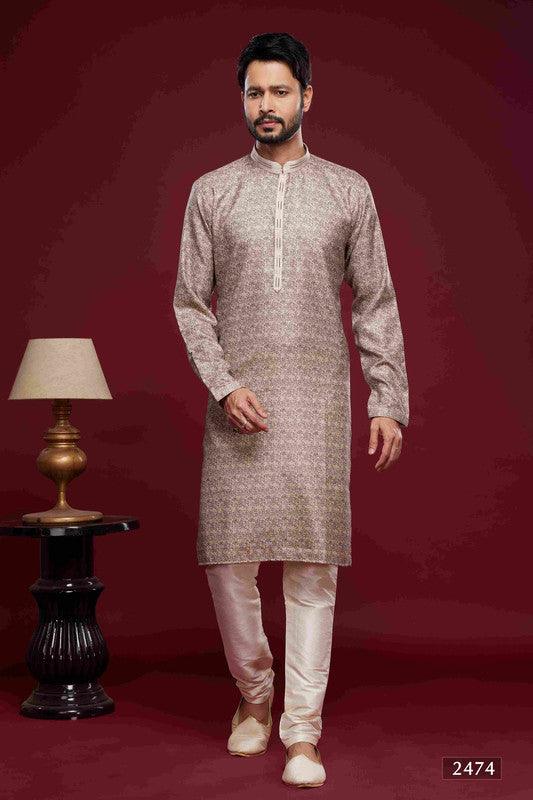 Men's Art Silk Digital Print Pintux Work Kurta Pajama In Brown Colour