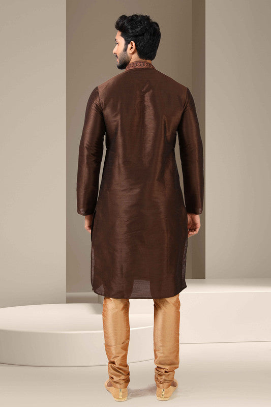 Men's Banarasi Art Silk Mirror Work Kurta Pajama In Brown Colour
