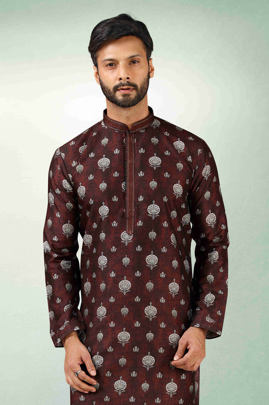 Men's Brown Art Silk Printed Work Kurta Pajama Set