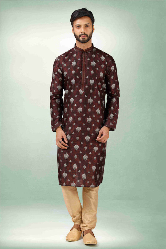 Men's Brown Art Silk Printed Work Kurta Pajama Set