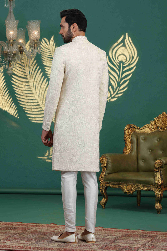 Men's Art Silk Thread Work Sherwani Set In Cream Color
