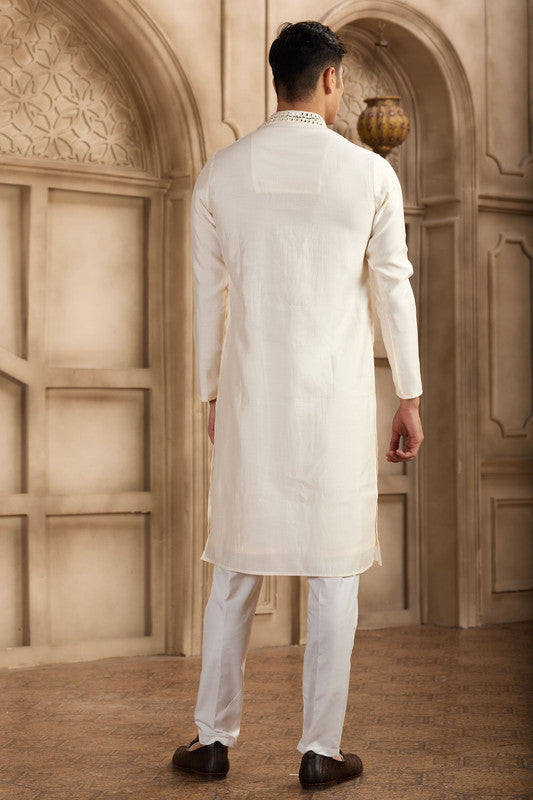 Men's Banarasi Art Silk Mirror Work Kurta Pajama In Cream Colour