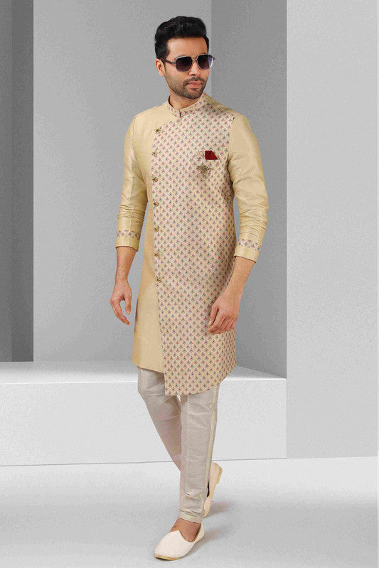 Men's Cream Art Silk Printed Work Indo Western Set