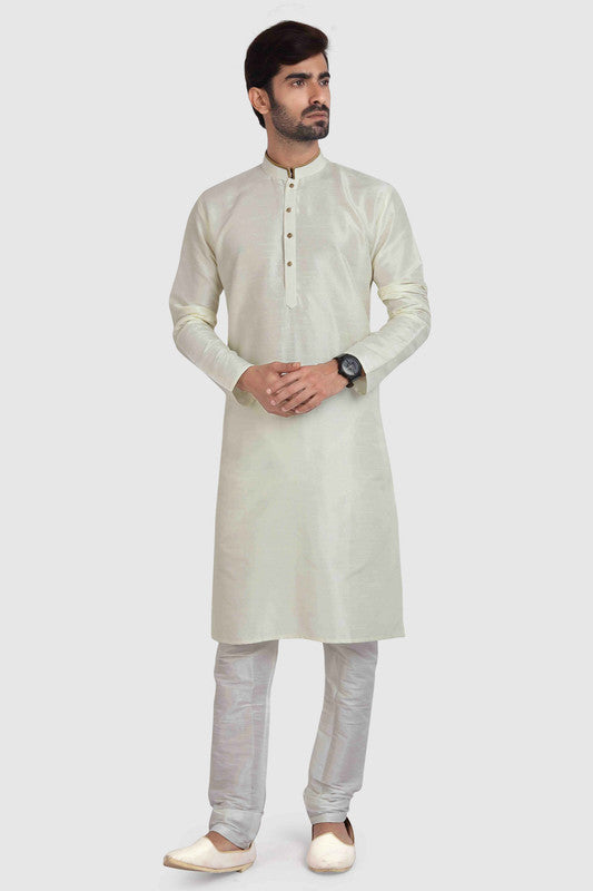 Men's Cream Art Silk Solid Kurta Pajama Set