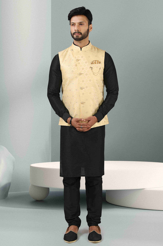 Men's Jacquard Banarasi Silk Woven Work 3 Pics Jacket Set In Cream Colour