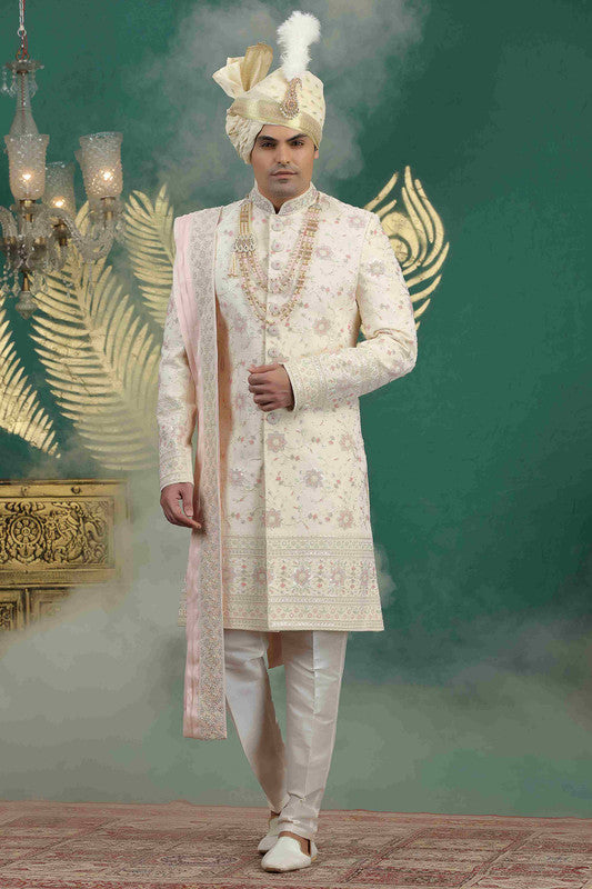 Men's Art Silk Thread Work Sherwani Set In Gold Color