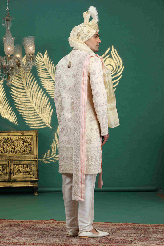 Men's Art Silk Thread Work Sherwani Set In Gold Color