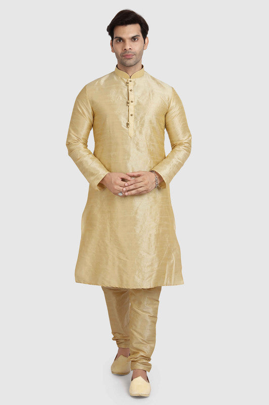 Men's Gold Art Silk Solid Kurta Pajama Set