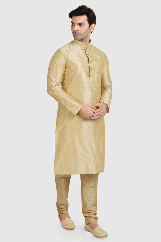 Men's Gold Art Silk Solid Kurta Pajama Set
