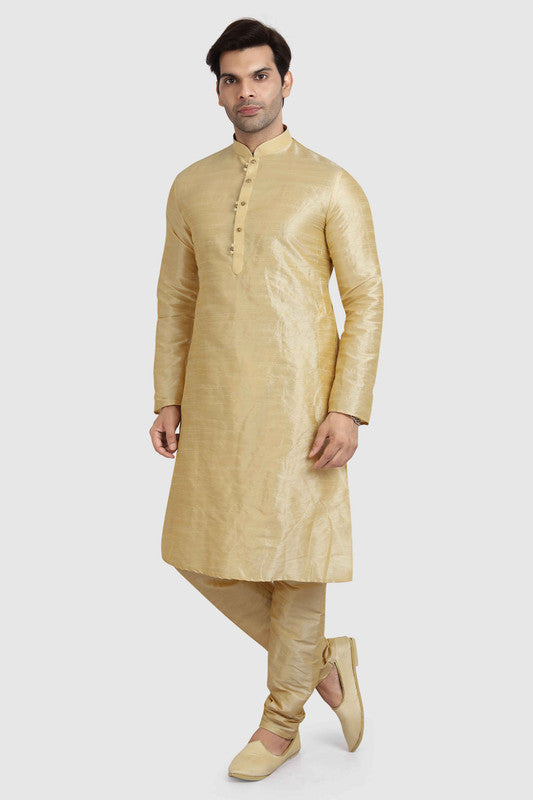 Men's Gold Art Silk Solid Kurta Pajama Set
