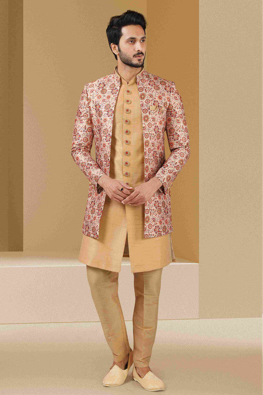 Men's Gold Maroon Art Banarasi Embroidery Indo Western Set