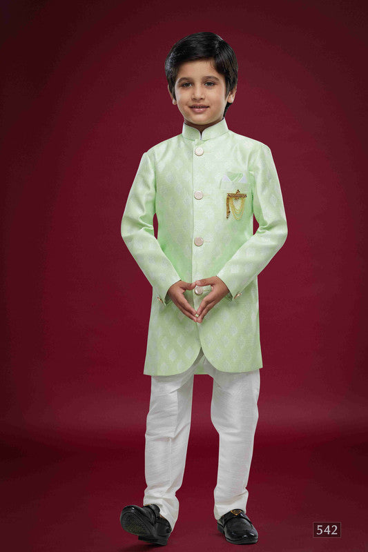 Boy's Pista Green Banarasi Jacquard Woven Work Indo Western Set