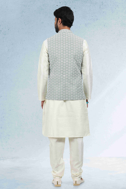 Men's Art Banarasi Silk Thread Work 3 Pics Jacket Set In Mehendi Green Colour
