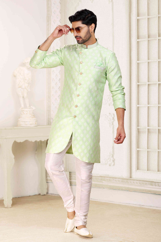 Men's Banarasi Jacquard Embroidery Semi Indo Western Sherwani In Pista Green Colour