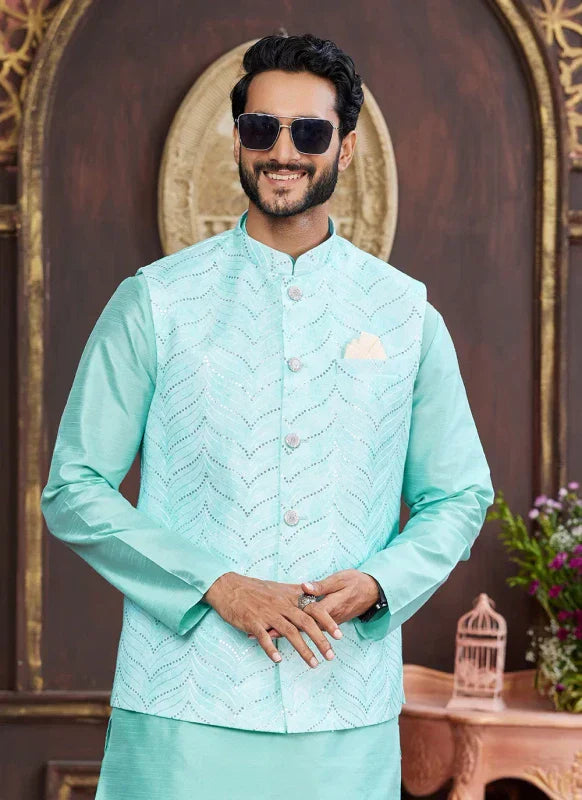 Men's Green Art Silk Digital Print Jacket Set