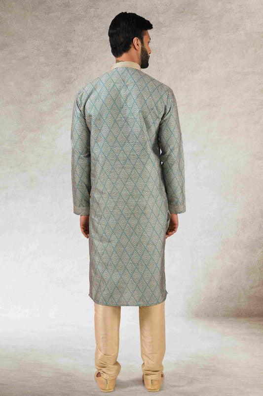 Men's Green Art Silk Printed Work Kurta Pajama Set