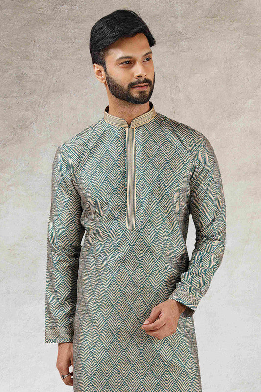 Men's Green Art Silk Printed Work Kurta Pajama Set