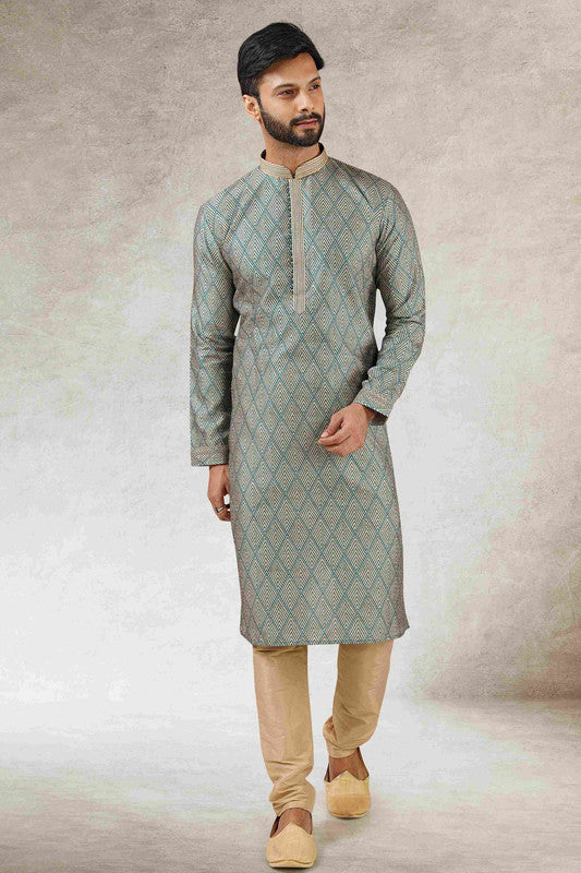 Men's Green Art Silk Printed Work Kurta Pajama Set
