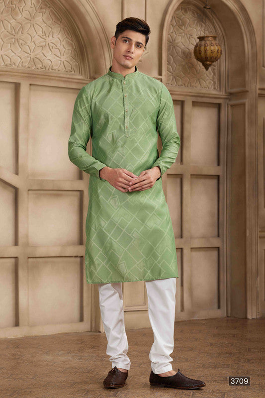 Men's Green Brocade Art Silk Pintux Work Collar Neck Pajama Set