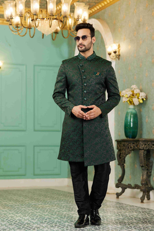 Men's Green Jacquard Silk Embroidery Sherwani Set
