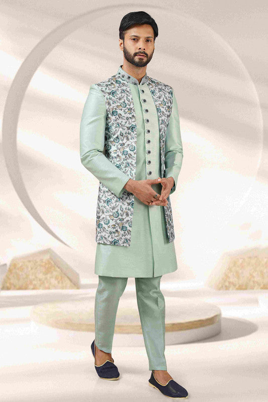 Men's Pista Green Art Banarasi Embroidery Indo Western Set