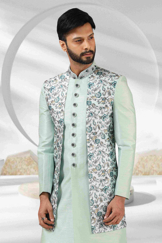 Men's Pista Green Art Banarasi Embroidery Indo Western Set