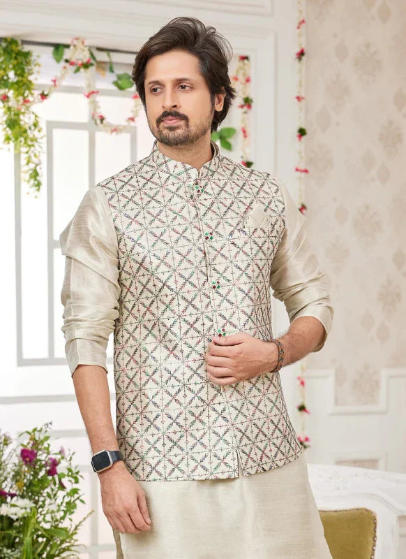 Men's Pista Green Art Silk Embroidery Work Jacket Set