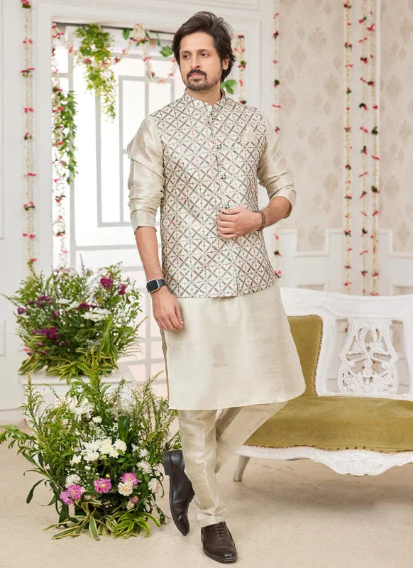 Men's Pista Green Art Silk Embroidery Work Jacket Set