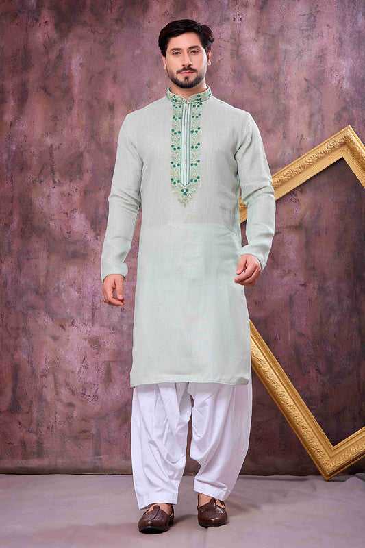Men's Pista Green Linen Cotton Embroidery Collar Neck Pajama Set