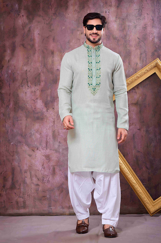 Men's Pista Green Linen Cotton Embroidery Collar Neck Pajama Set