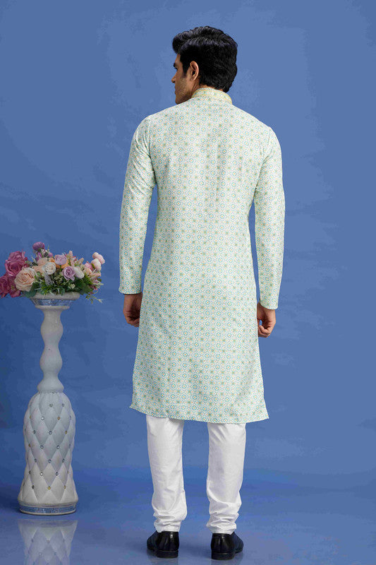 Men's Sea Green Cotton Embroidery Collar Neck Pajama Set