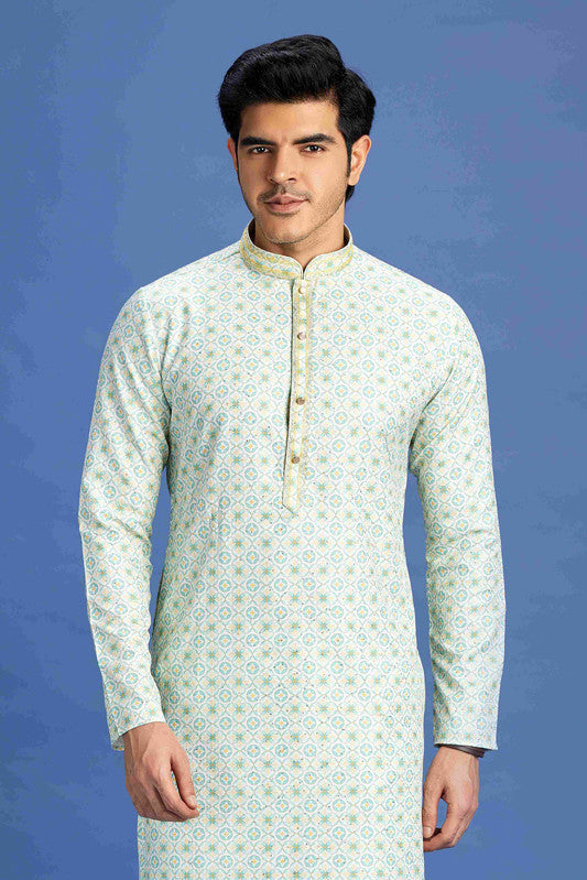 Men's Sea Green Cotton Embroidery Collar Neck Pajama Set