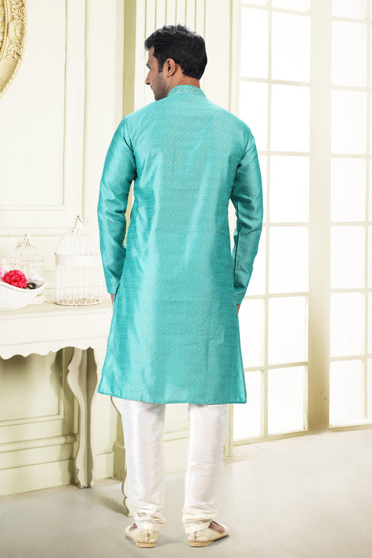 Men's Teal Green Jacquard Banarasi Silk Thread Work Kurta Pajama Set