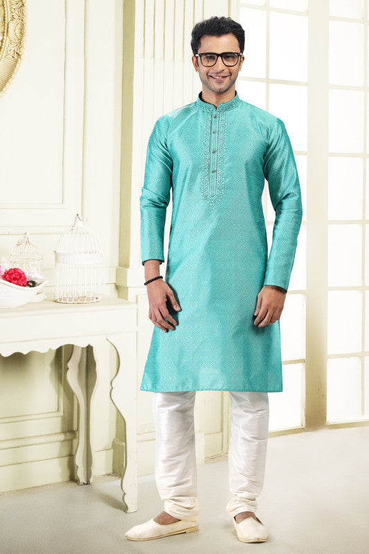 Men's Teal Green Jacquard Banarasi Silk Thread Work Kurta Pajama Set