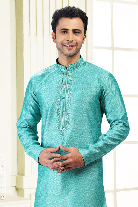 Men's Teal Green Jacquard Banarasi Silk Thread Work Kurta Pajama Set