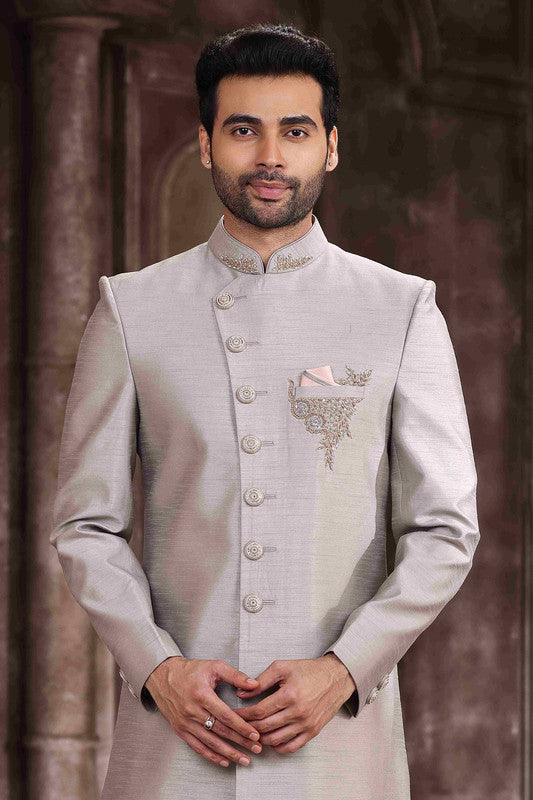 Men's Art Silk Embroidery Work Sherwani In Light Grey Colour