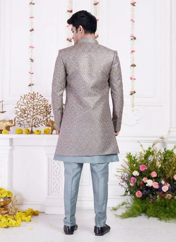 Men's Grey Blue Art Silk Thread Work Indo Western Set