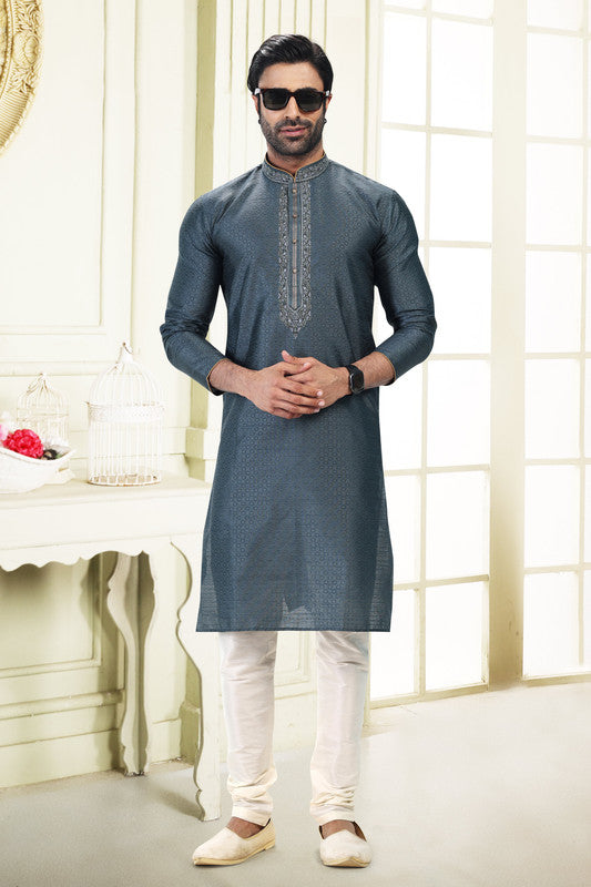 Men's Grey Jacquard Banarasi Silk Thread Work Kurta Pajama Set