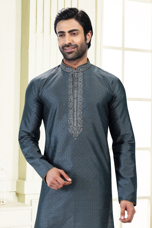 Men's Grey Jacquard Banarasi Silk Thread Work Kurta Pajama Set
