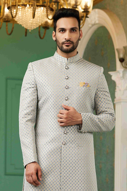 Men's Grey Jacquard Silk Embroidery Sherwani Set