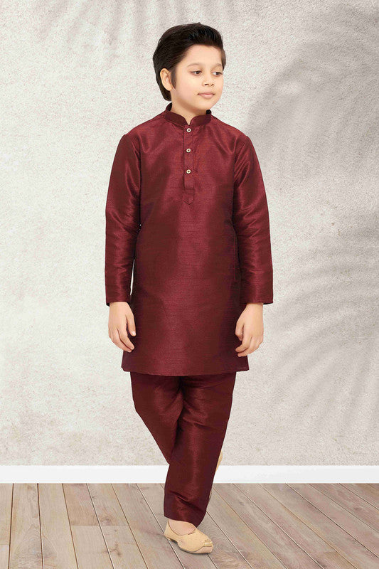 Boy's Maroon Art Banarasi Silk Solid Kurta Set