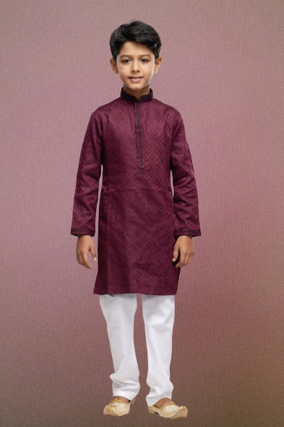 Boy's Maroon Art Silk Thread Work Kurta Set
