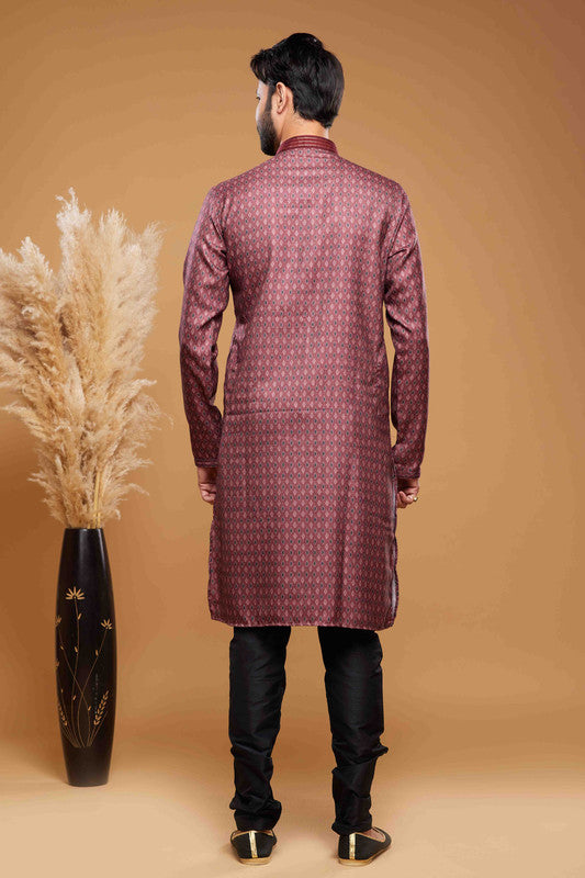 Men's Art Silk Digital Print Pintux Work Kurta Pajama In Maroon Colour