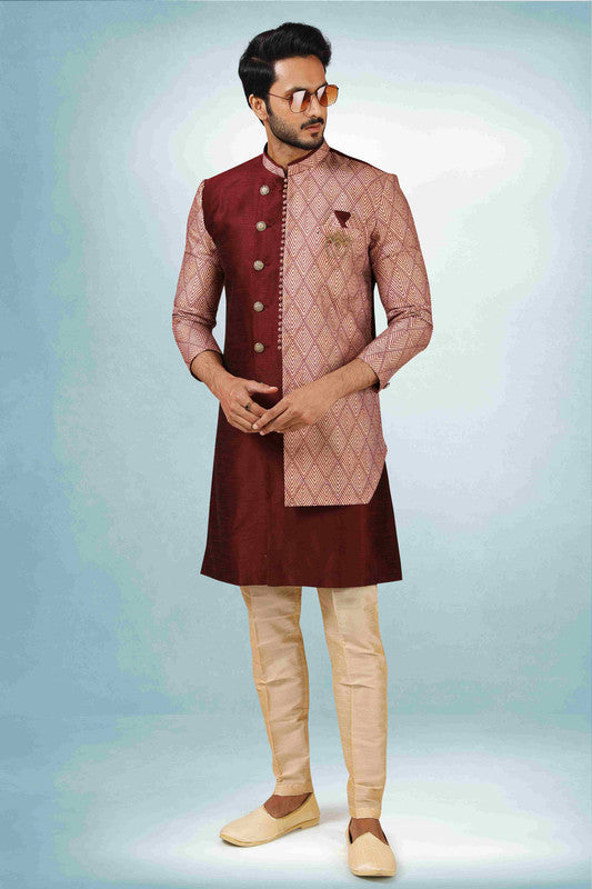 Men's Maroon Art Silk Printed Work Indo Western Set