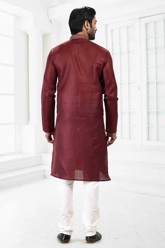 Men's Maroon Linen Cotton Thread Work Collar Neck Pajama Set