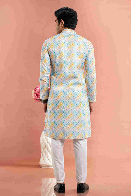 Men's Multi Color Cotton Thread Work Collar Neck Pajama Set