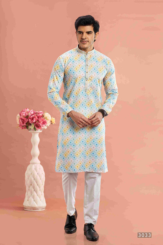 Men's Multi Color Cotton Thread Work Collar Neck Pajama Set