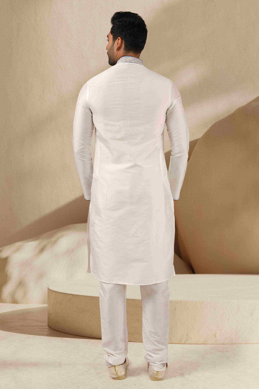 Men's Banarasi Art Silk Mirror Work Kurta Pajama In Off White Colour